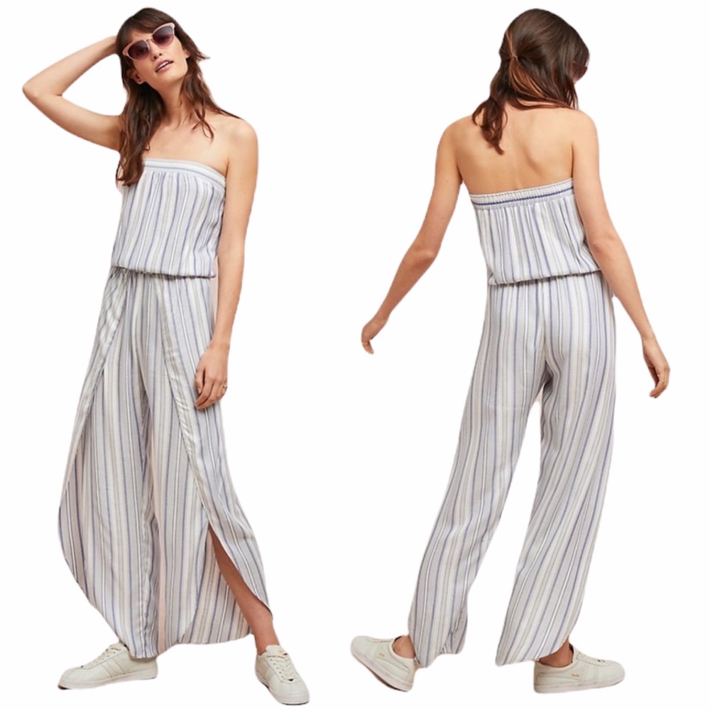 Anthropologie Strapless Striped Jumpsuit in White and Blue